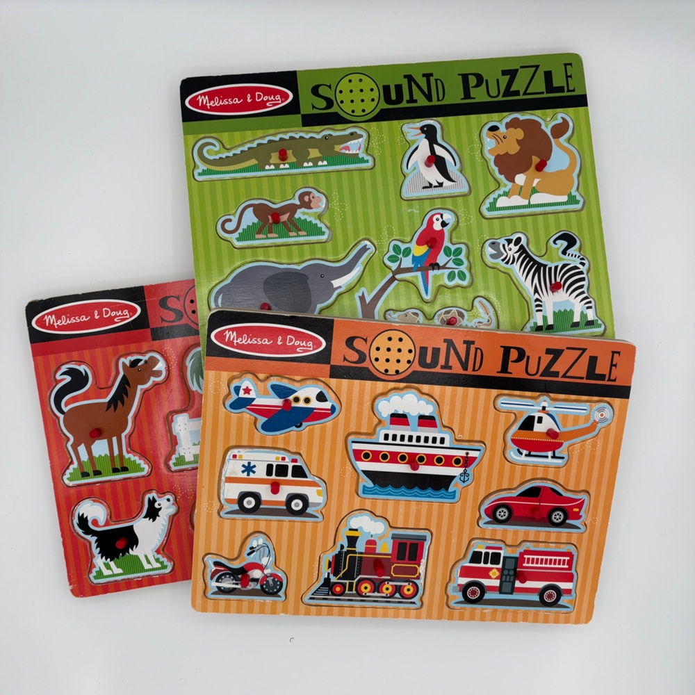 Three Melissa & Doug Sound Puzzles Farm Animals/Zoo Animals/Vehicles
